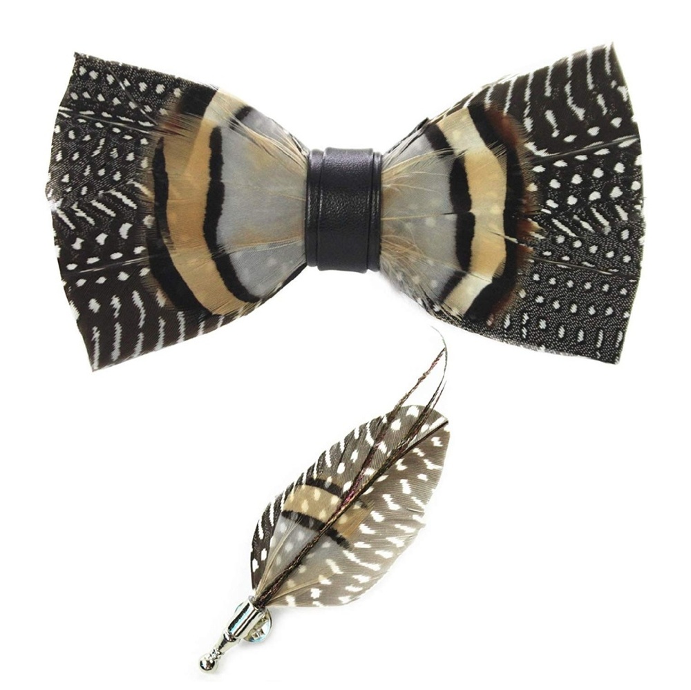 Mens Natural Feather Pre Tied Bow tie & Lapel Pin